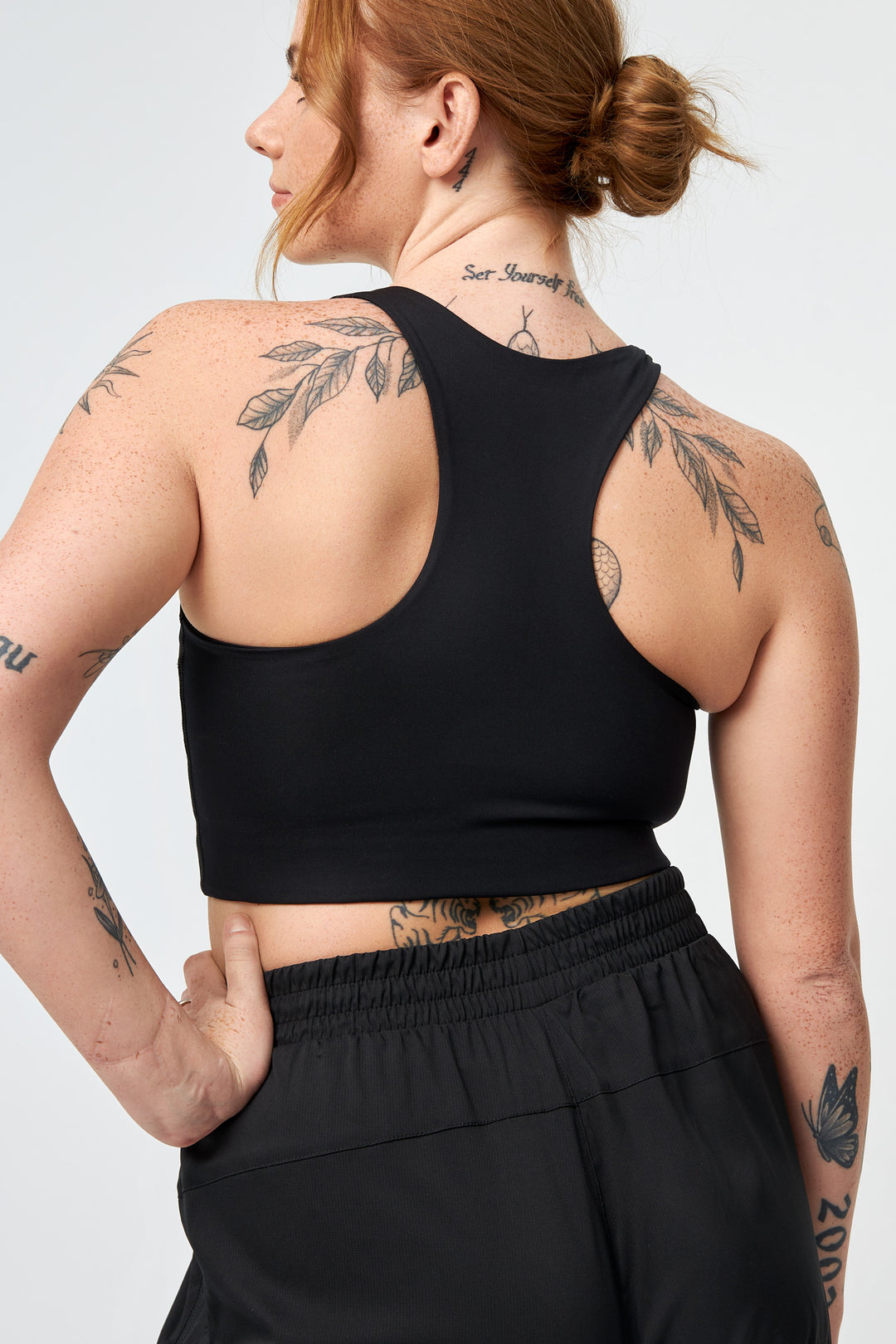 Racerback design of Dylan Bra in Black – back view on another model