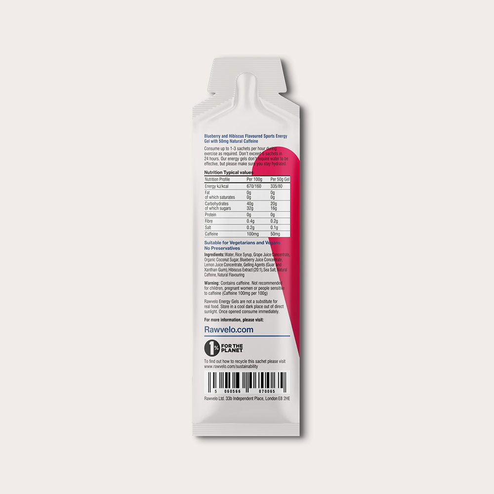 Back of Rawvelo Blueberry & Hibiscus caffeinated energy gel sachet – ingredients and caffeine content visible