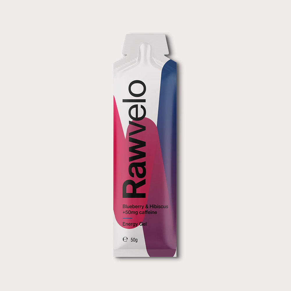 Rawvelo Blueberry & Hibiscus caffeinated energy gel sachet – front view