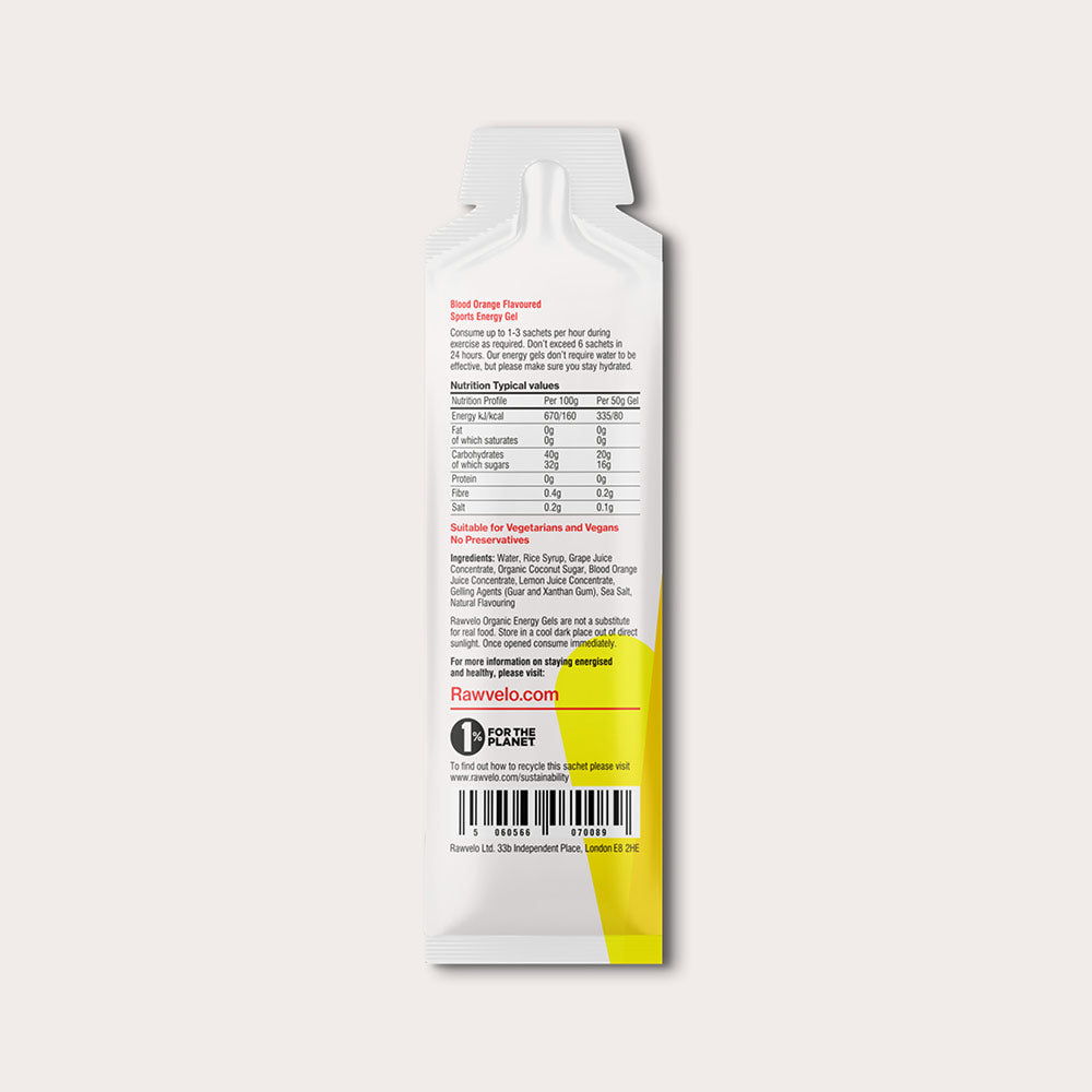 Rawvelo Blood Orange energy gel sachet – back view with ingredients and nutrition info