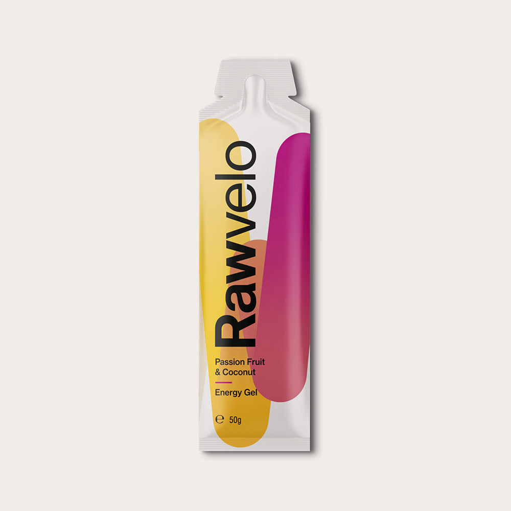 Rawvelo Passionfruit & Coconut natural energy gel sachet – front view