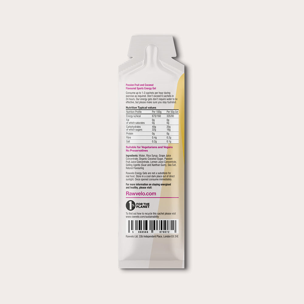 Rawvelo Passionfruit & Coconut natural energy gels sachet – back view showing ingredients