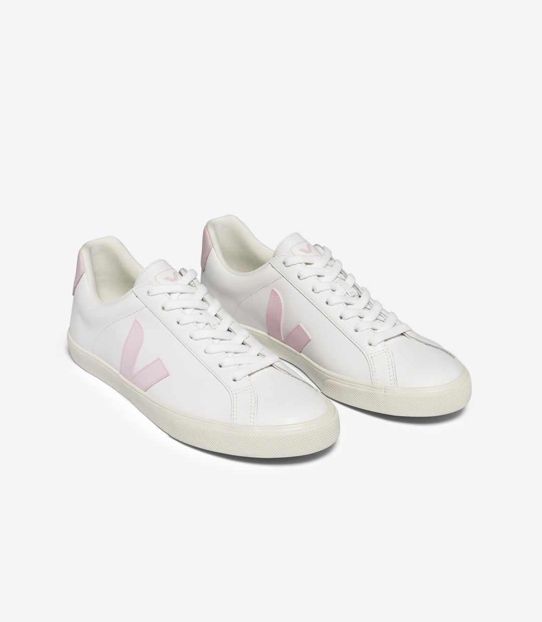Angled front-side view of Veja Esplar womens trainers in white leather