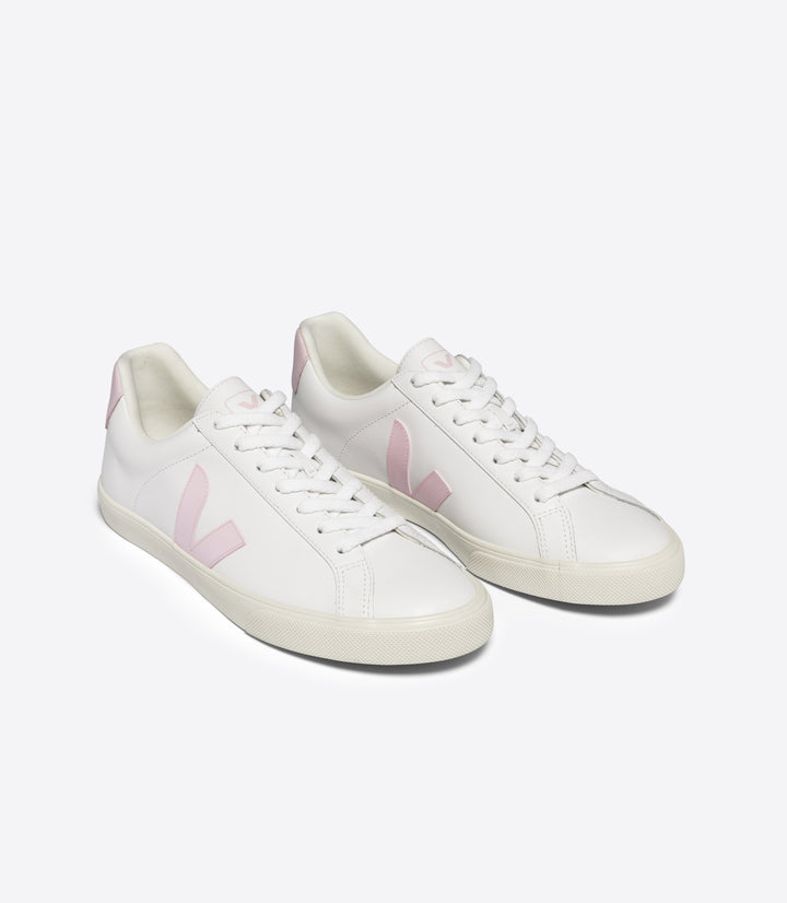 Angled front-side view of Veja Esplar womens trainers in white leather