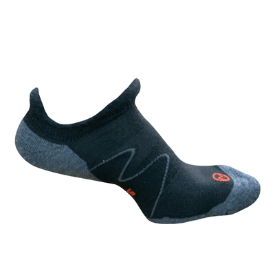 Moggans Merino No Show Socks Black. Side view. Sits below the ankle. Grey toe and heel, flat seams. Small orange Moggans logo top centre front of sock. Thin linear mountain graphic outside midfoot area of sock in grey.