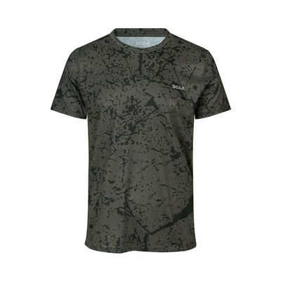 Doxa Men’s Troy short sleeved running top in dark green with darker graphic paint splat style print all over. Round neck, front view. signature DOXA reflective logo on the chest top left.