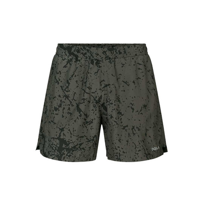Men’s DOXA Sonny Running Shorts 5 inch. Dark green with darker graphic paint splat style print all over. Elastic waistband, signature DOXA logo at the front on the left leg. Front view.