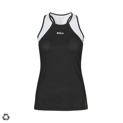 Women's Stacy Running Vest Black with white panels top. Front view, round neck and sleeveless design. signature DOXA logo at centre front