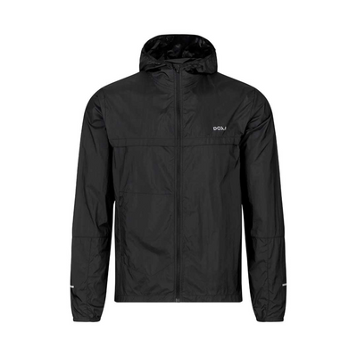 Women's Doxa Justice Running Jacket Black, front view. attached hood and zipper closing at the front with high neck and elastic edges at the wrists. signature DOXA logo on the chest, top left.