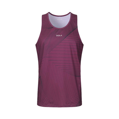 Men's Doxa Silas Running Vest in colour Port. Front view. Round neck, sleeveless design. It features the signature DOXA logo at top, centre front and SS22 ‘Cubes’ graphic linear geometric  print all over. Wide armholes for more freedom to move