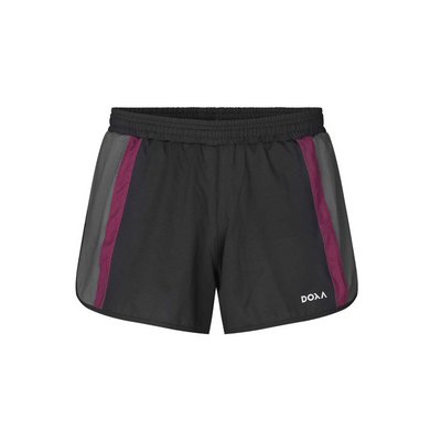 Men's Doxa Skip Race Running Shorts, front view. Black with contrast stripe detailing on the sides in dark grey and dark pink. mini length and elastic waistband with the signature DOXA small logo at front on the bottom left leg.